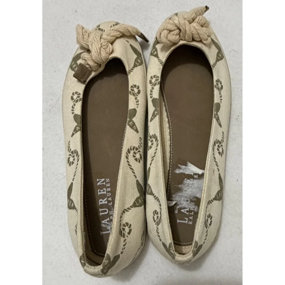 Lauren Ralph Lauren Emilia Y2K Nautical Canvas Ballet Flats Cream Olive Size 7B